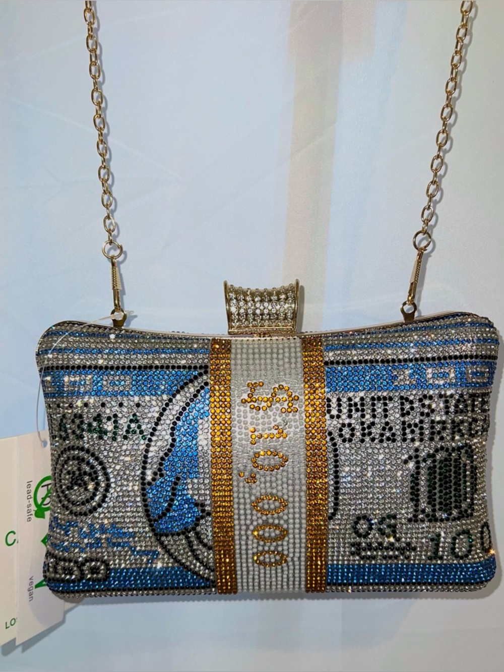 Blue & Silver Rhinestone Crystal Money Stack Clutch Purse with Gold Chain